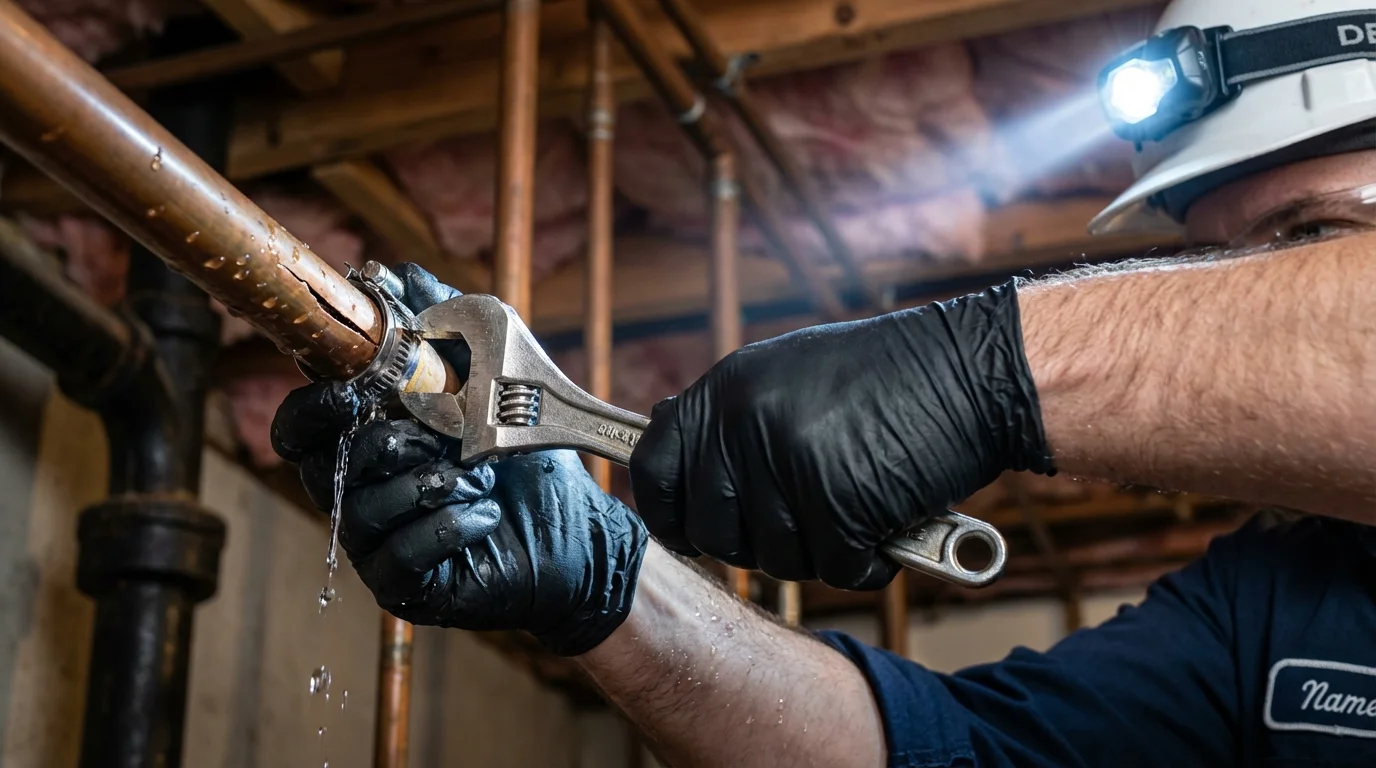 Emergency pipe clamp repair being performed by a Johns Plumbing LLC plumber in Bourg
