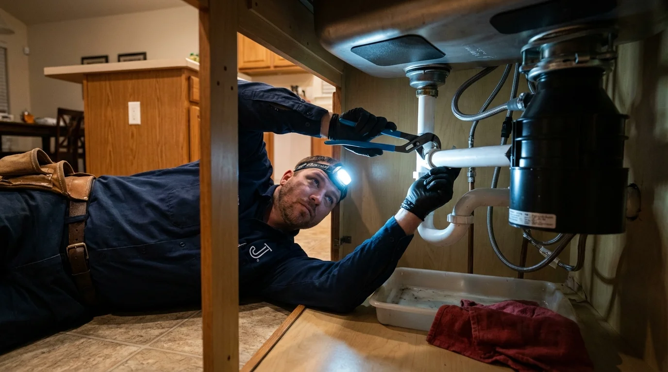 P-trap and supply line connections under a kitchen sink showing a common leak point in Bourg, LA